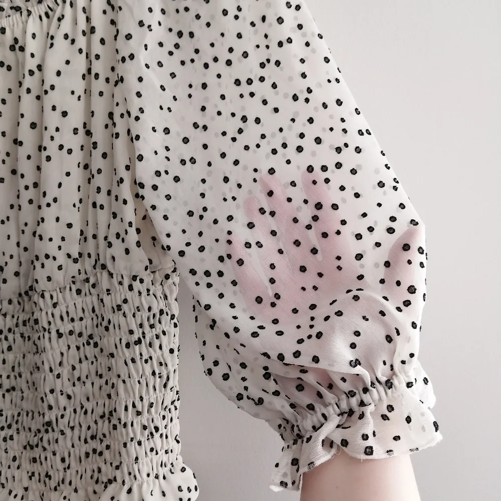 By Anthropologie Lucia Off the Shoulder Smocked Blouse White Polka Dot Large - Picture 7 of 16